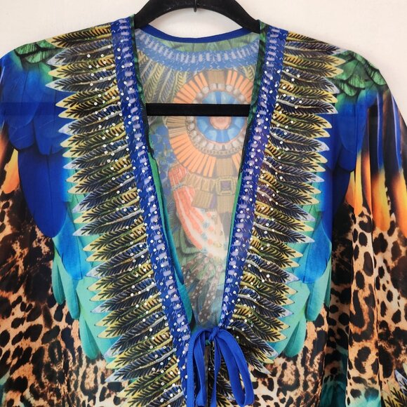 Janice Apparel Sheer Kaftan Poncho Swim Cover Bird Print Toucan Kimono OS - Picture 3 of 7